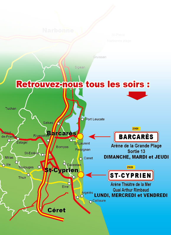Plan Méd Carte SE Spectacles - Top à la Vachette Labat Spectacle à Barcarès, Saint-Cyprien